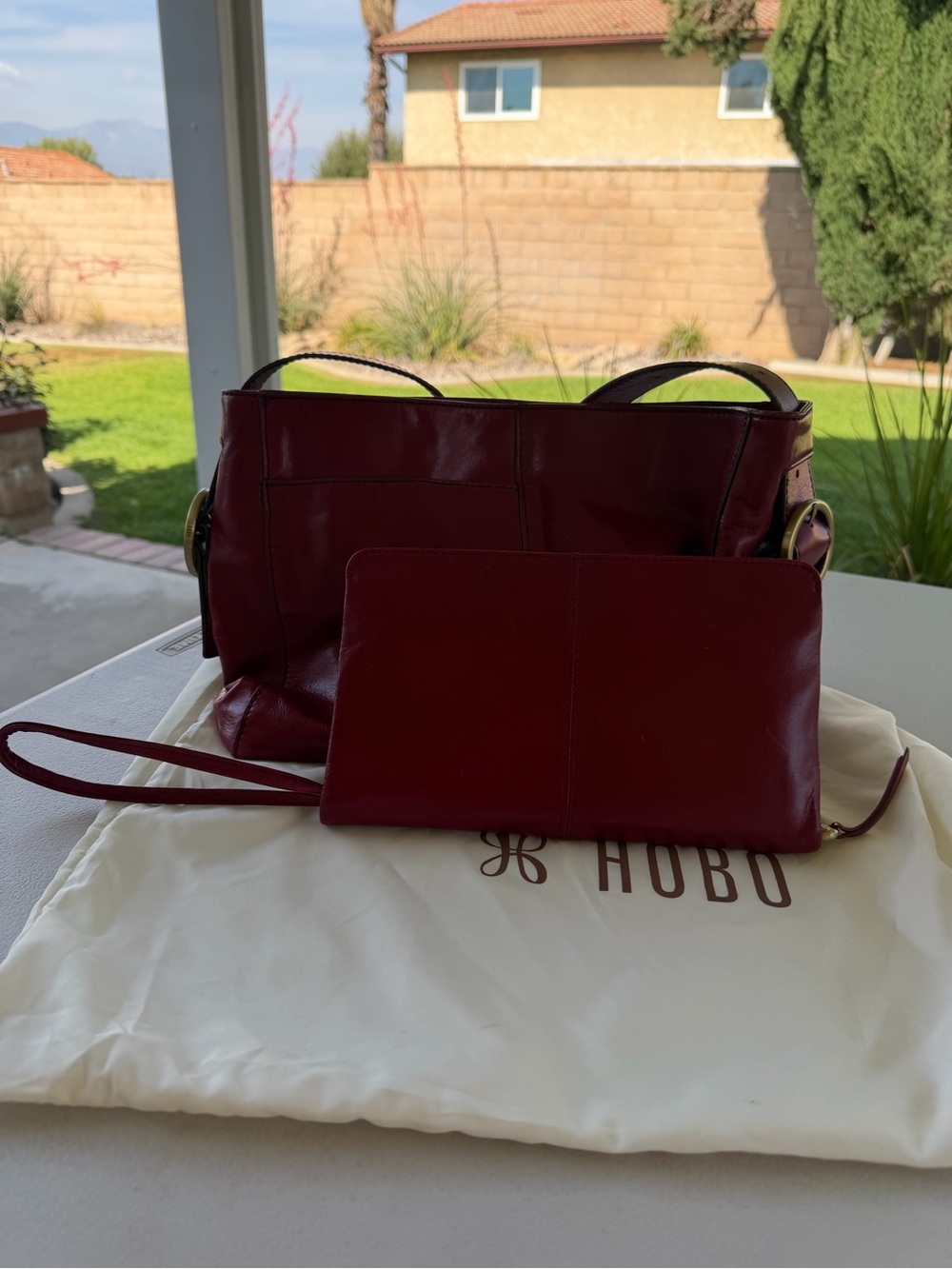 HOBO Deep Burgundy Leather Shoulder Bag with Wristlet